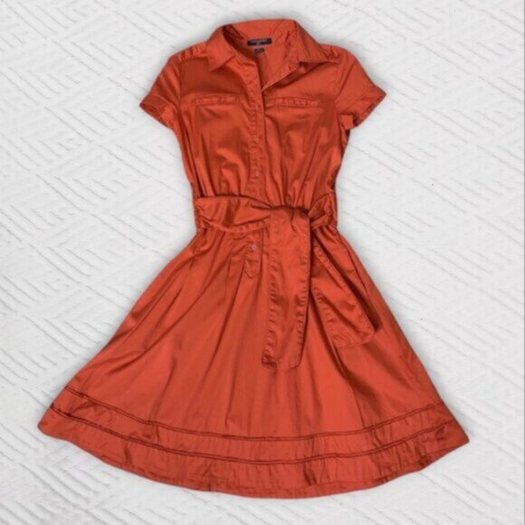 Banana Republic Red Orange Cuffed Button Down Vintage Inspired Dress - Picture 2 of 16